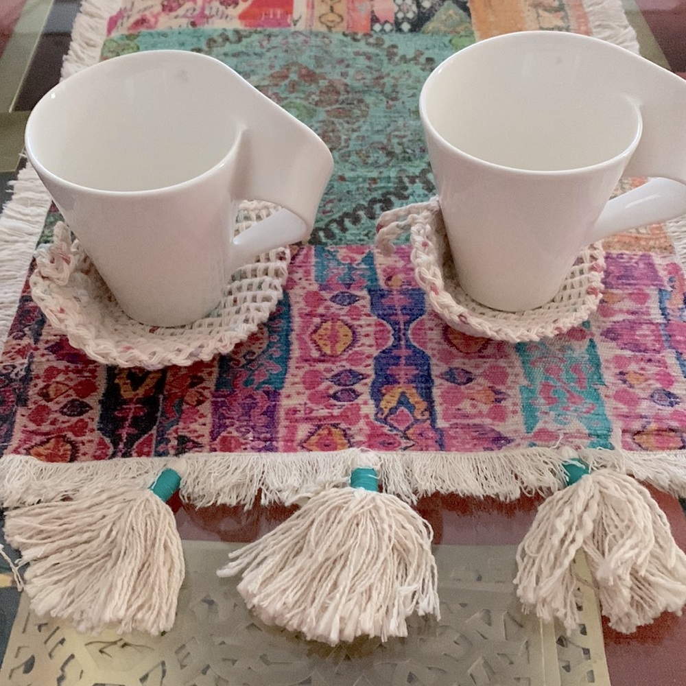 Handmade Set two Crochet Leaf Cup Coaster Tunisian